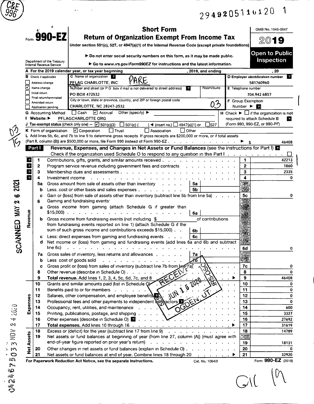 Image of first page of 2019 Form 990EZ for PFLAG Charlotte