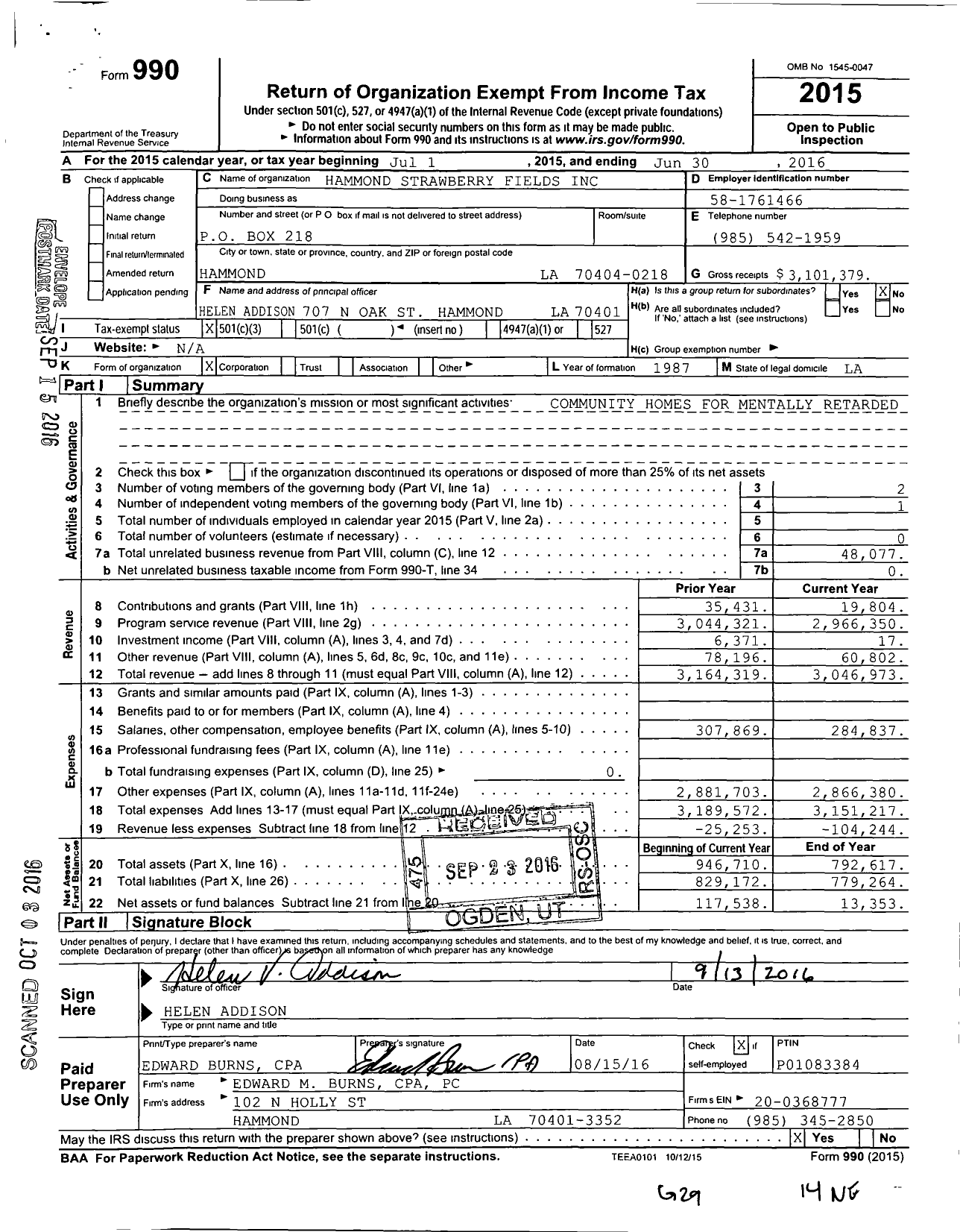 Image of first page of 2015 Form 990 for Hammond Strawberry Fields