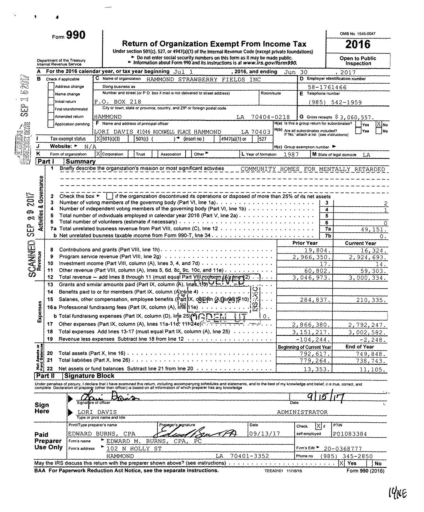 Image of first page of 2016 Form 990 for Hammond Strawberry Fields