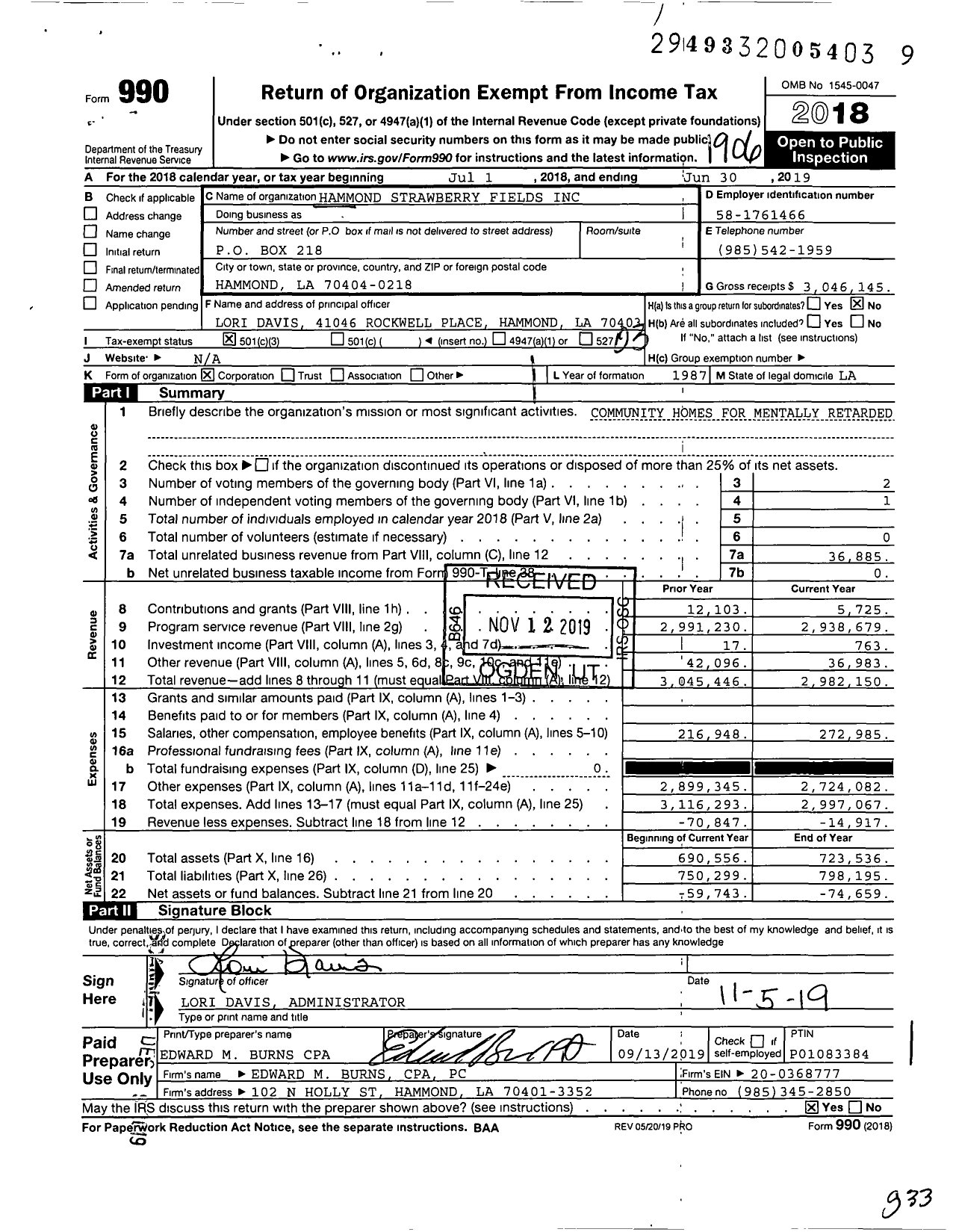 Image of first page of 2018 Form 990 for Hammond Strawberry Fields