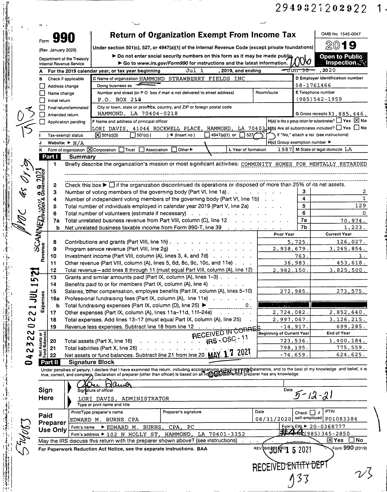 Image of first page of 2019 Form 990 for Hammond Strawberry Fields