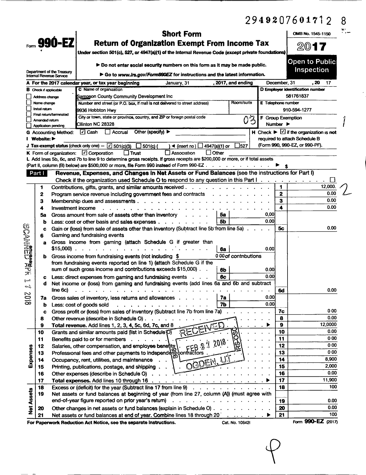 Image of first page of 2017 Form 990EZ for Sampson County CDC