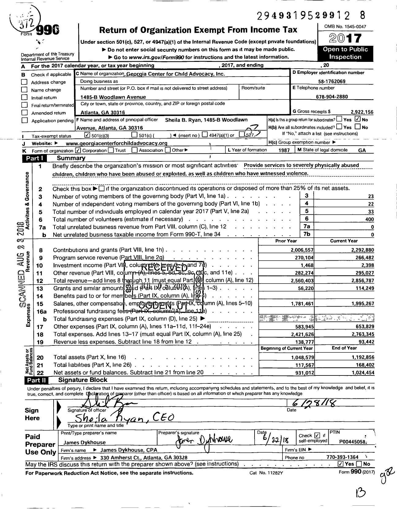 Image of first page of 2017 Form 990 for Georgia Center for Child Advocacy