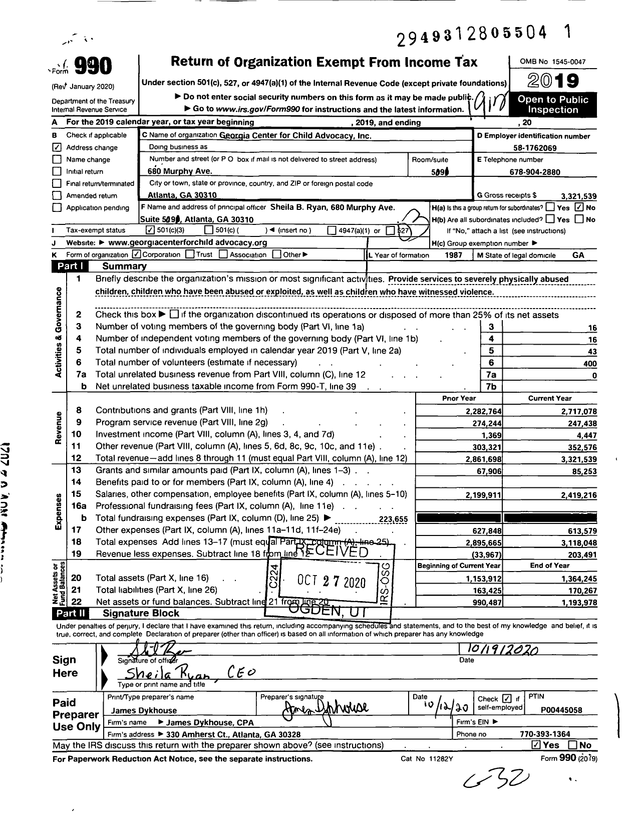 Image of first page of 2019 Form 990 for Georgia Center for Child Advocacy
