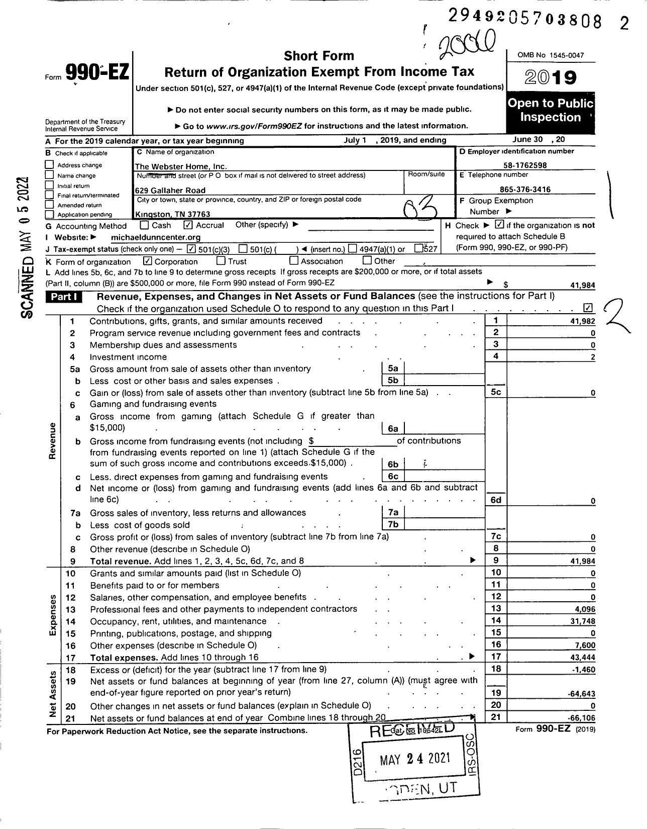 Image of first page of 2019 Form 990EZ for The Webster Home