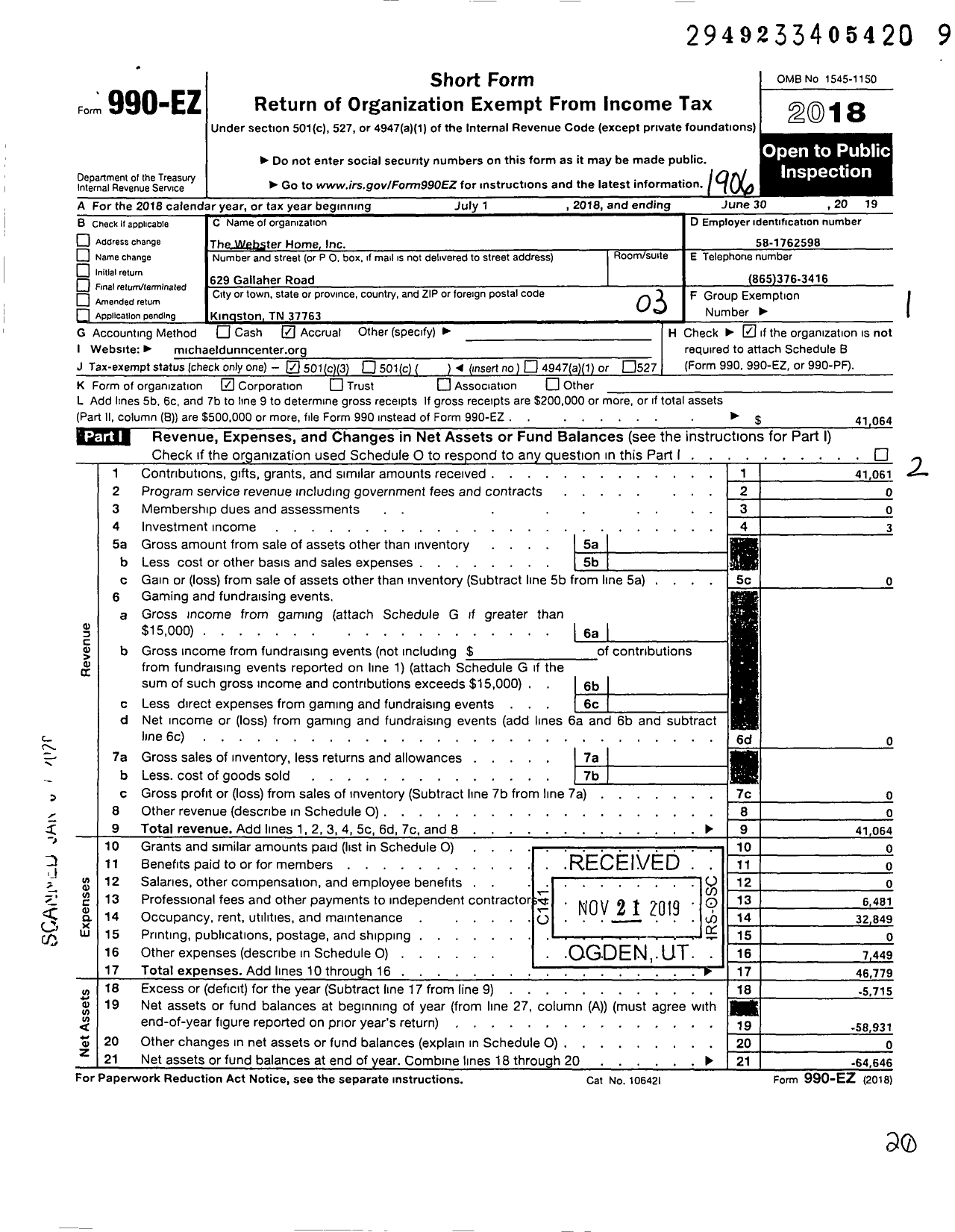 Image of first page of 2018 Form 990EZ for The Webster Home
