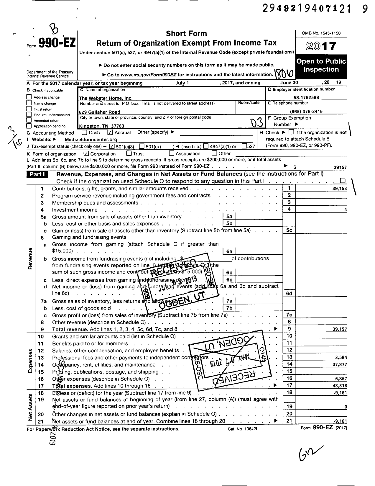 Image of first page of 2017 Form 990EZ for The Webster Home