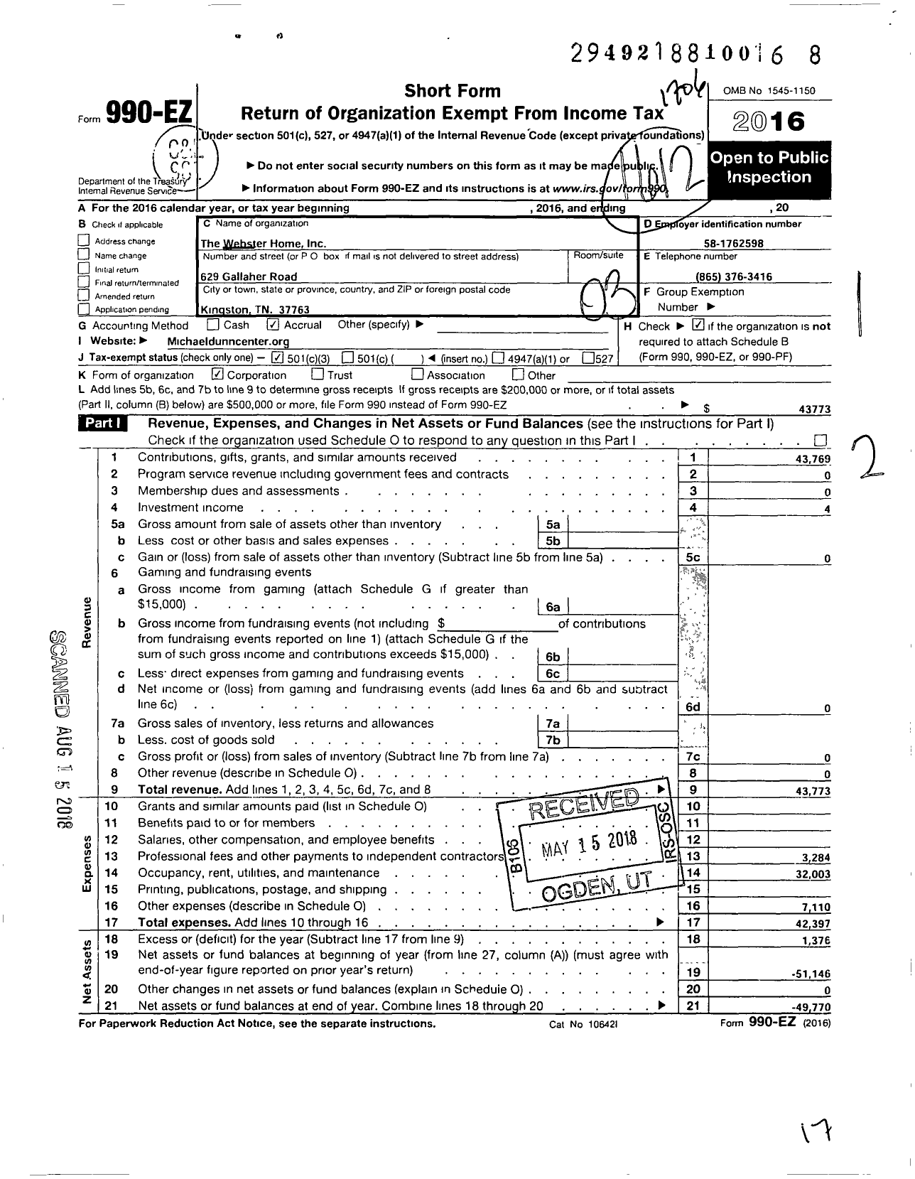 Image of first page of 2016 Form 990EZ for The Webster Home