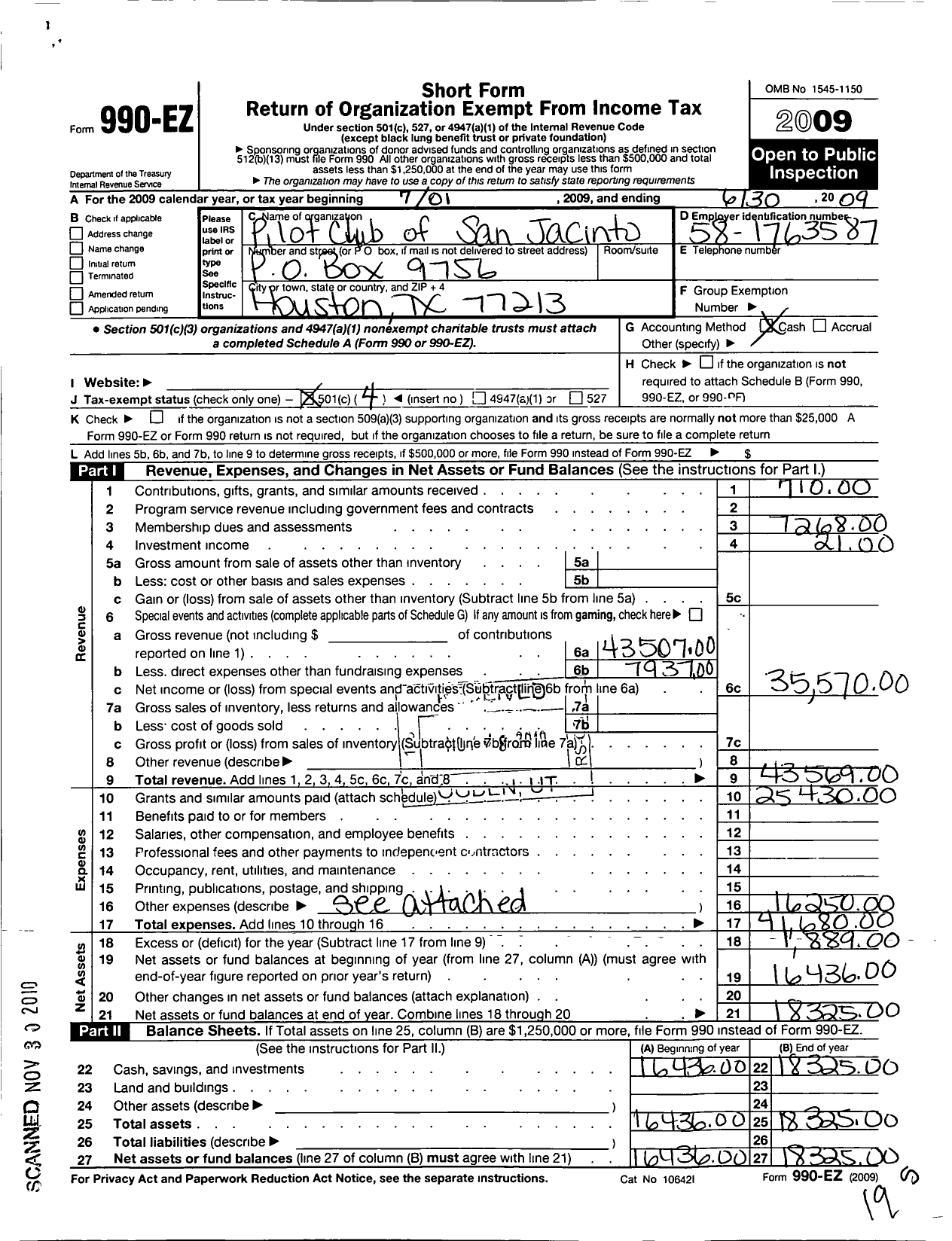 Image of first page of 2008 Form 990EO for Pilot Club International / Pilot Club of San Jacinto Houston