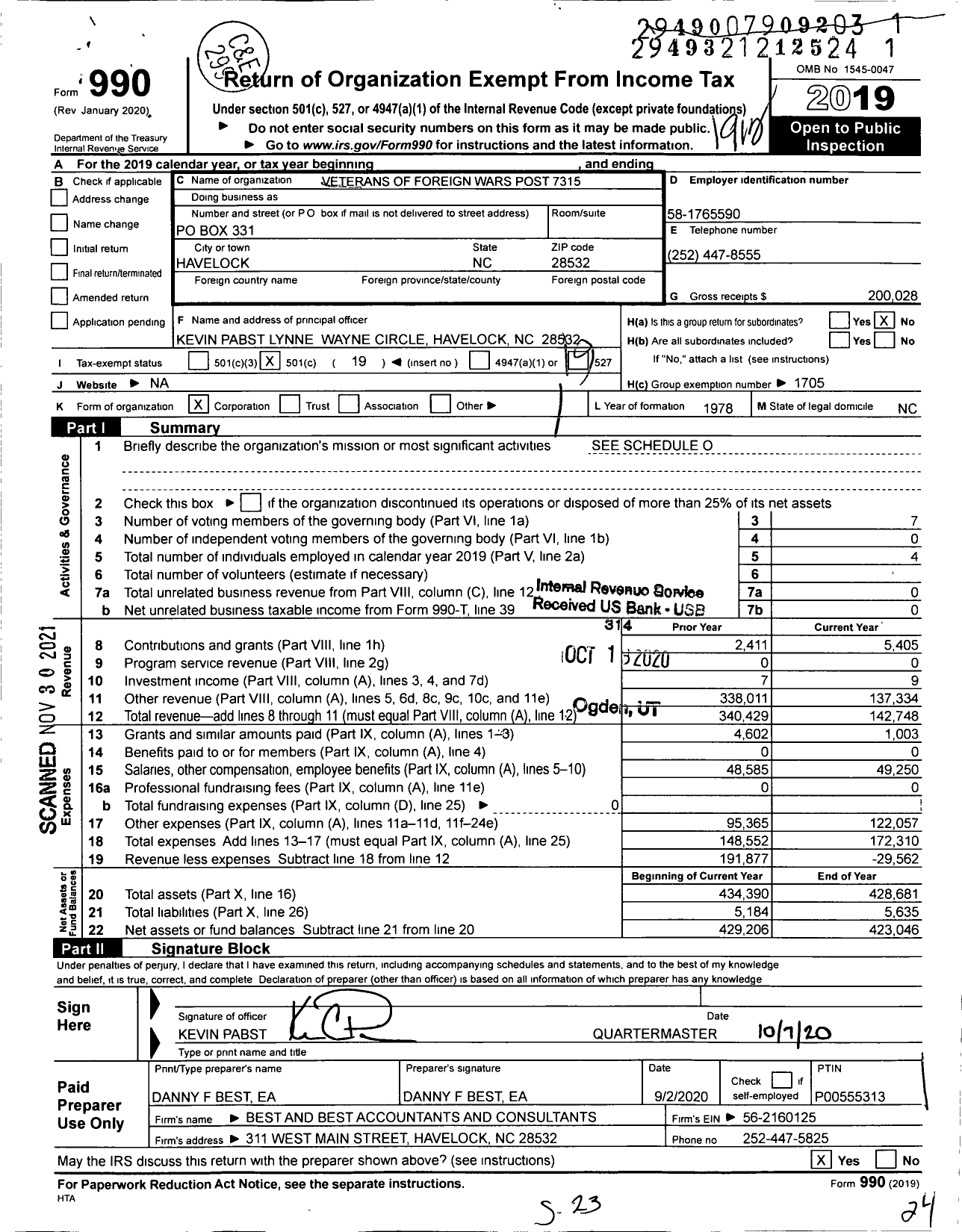 Image of first page of 2019 Form 990O for VFW NC - 7315 Leslie C Lewis Post