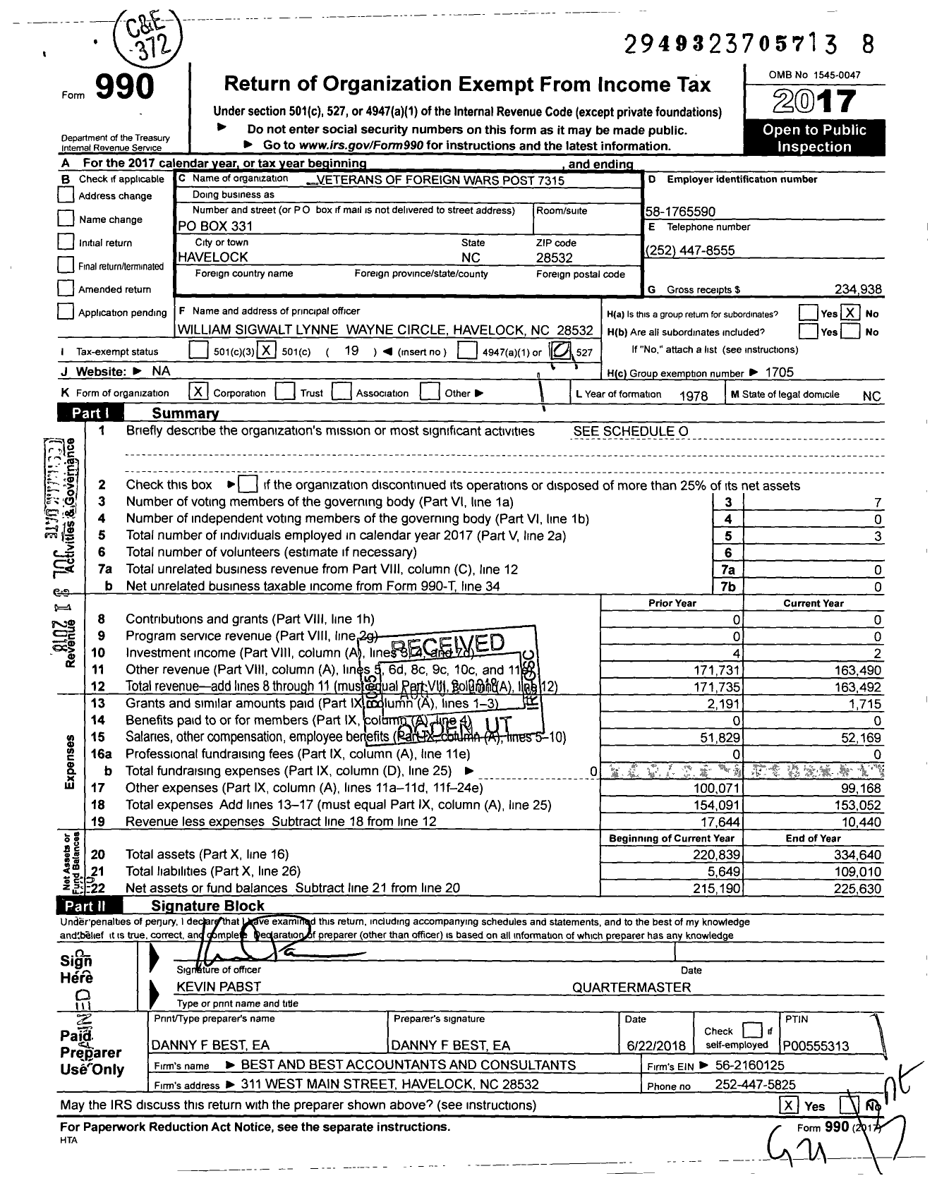 Image of first page of 2017 Form 990O for VFW NC - 7315 Leslie C Lewis Post