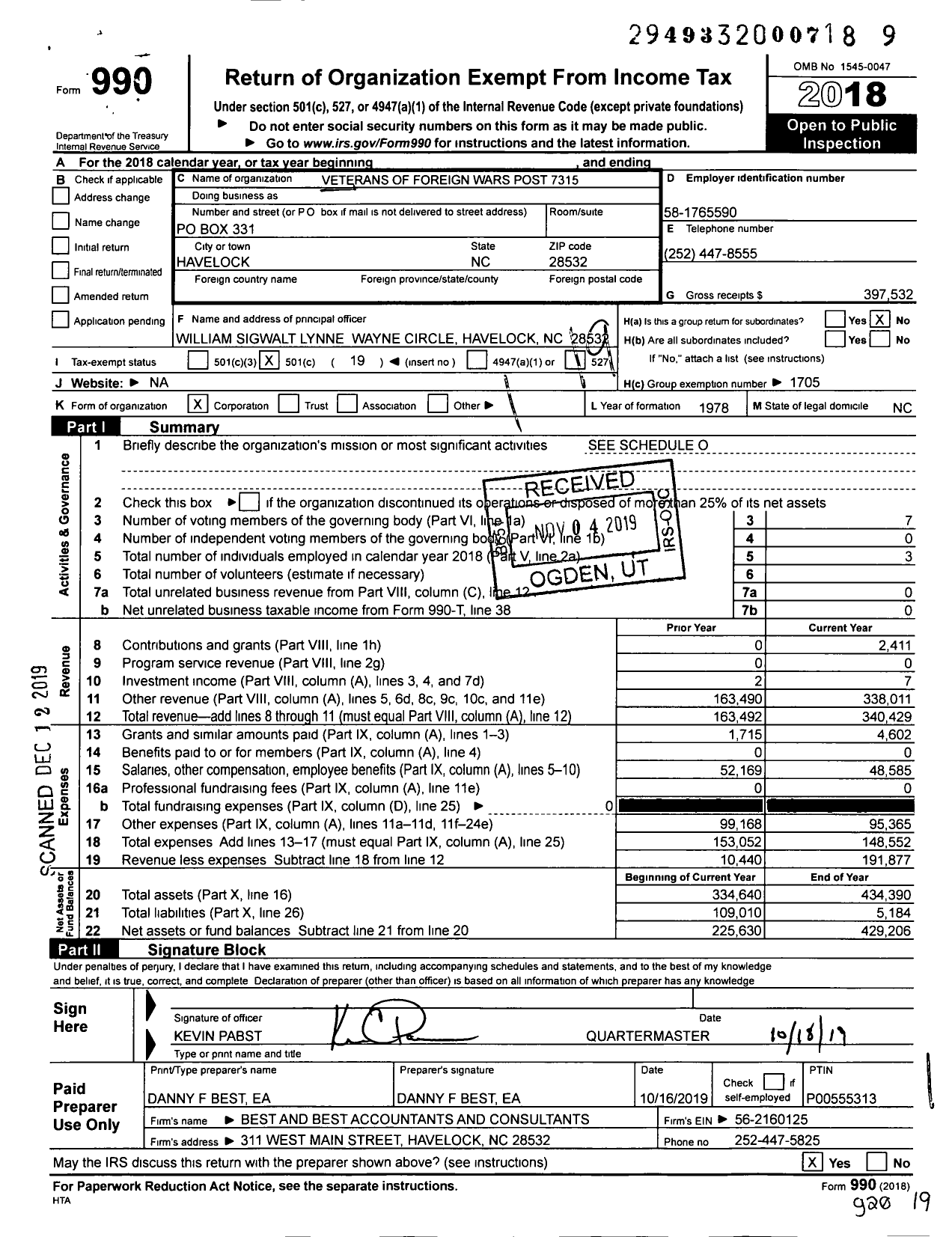 Image of first page of 2018 Form 990O for VFW NC - 7315 Leslie C Lewis Post