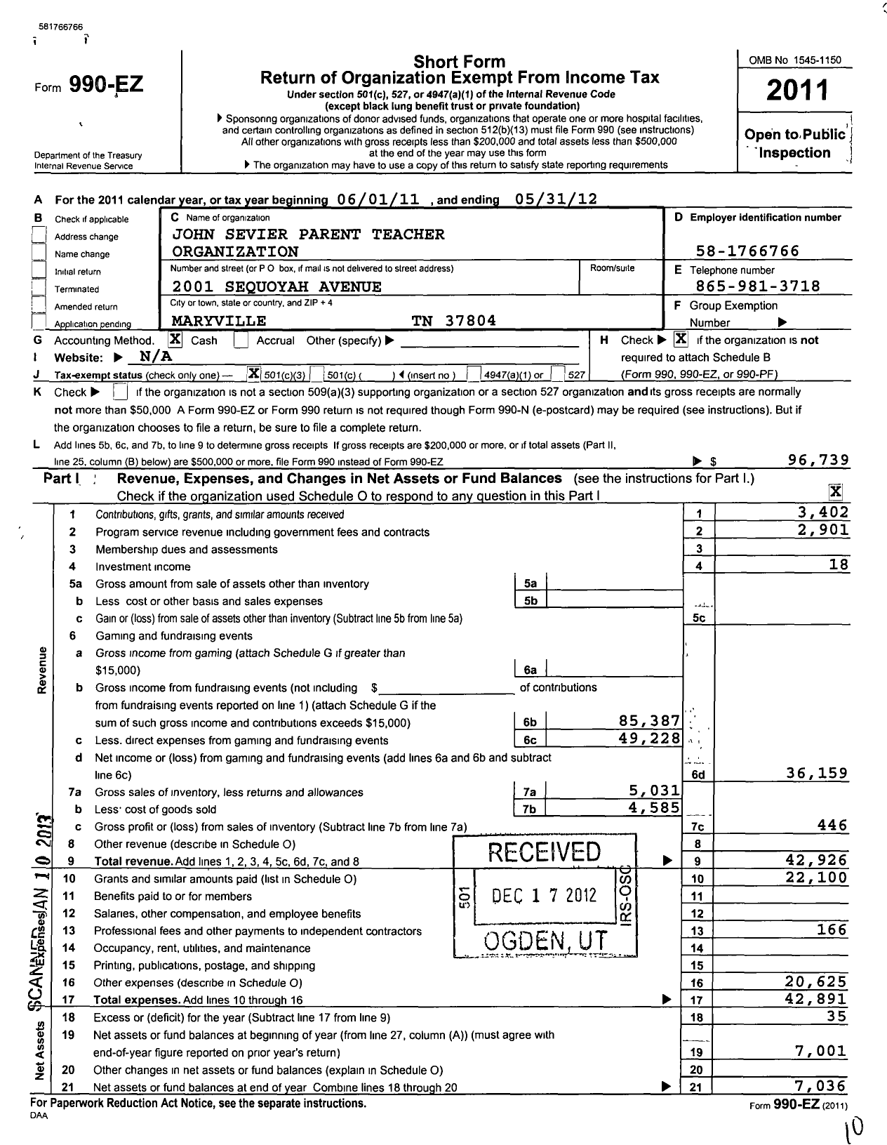 Image of first page of 2011 Form 990EZ for John Sevier Parent Teacher Organization