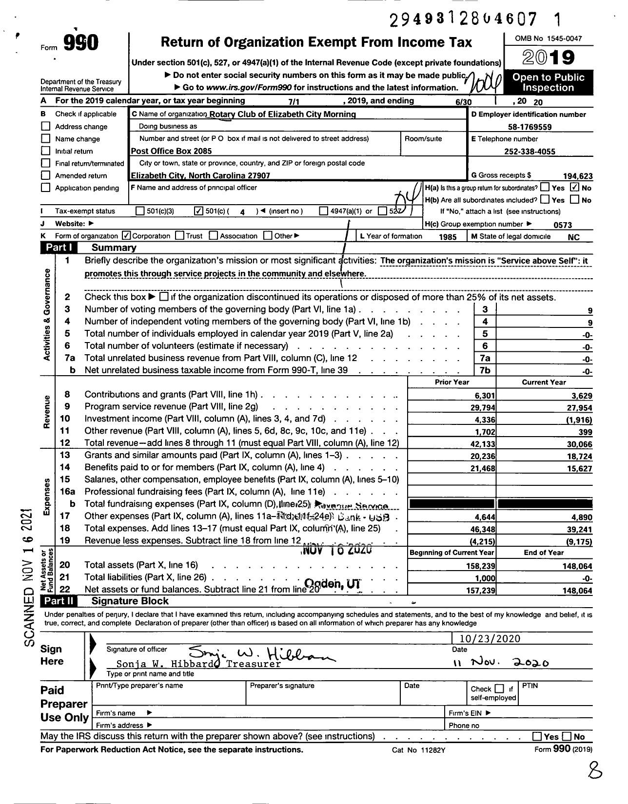 Image of first page of 2019 Form 990O for Rotary International - Elizabeth City Morning