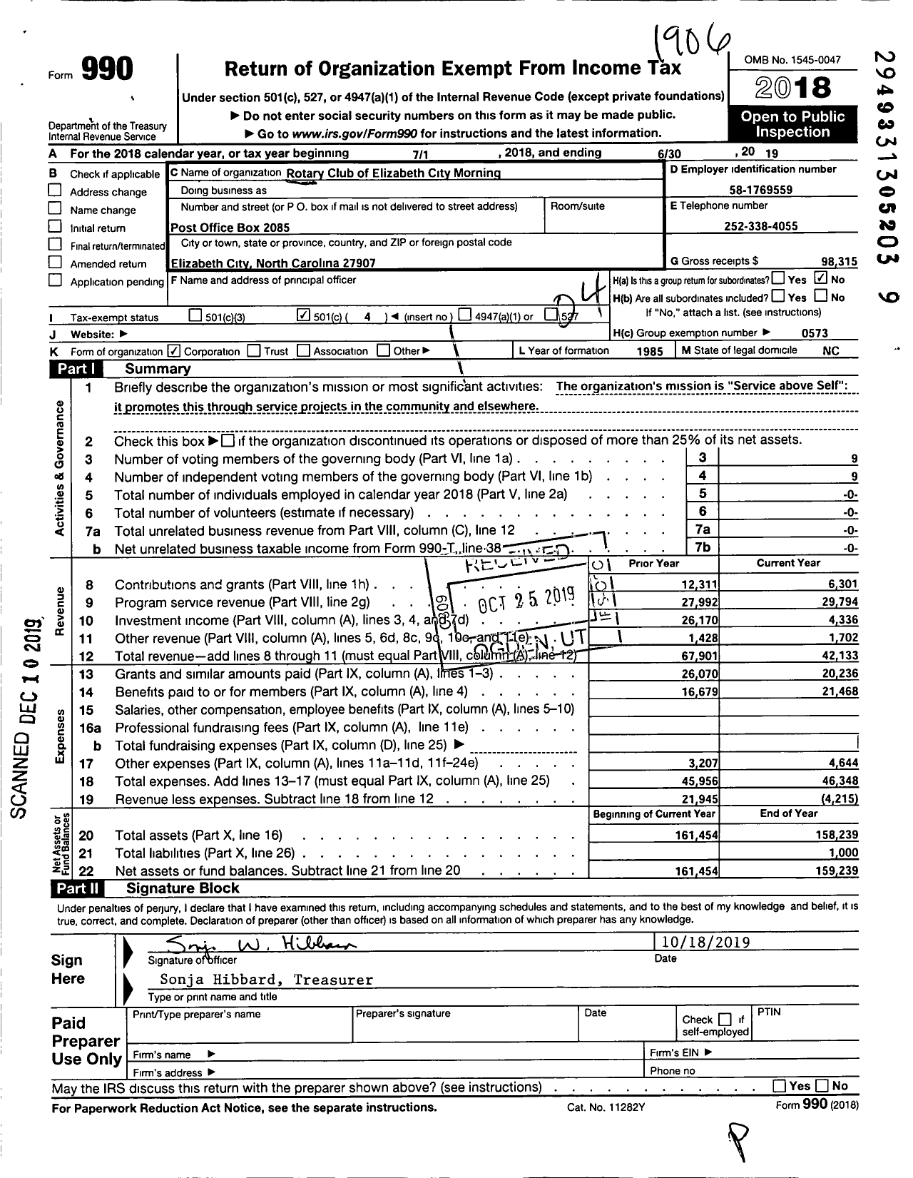 Image of first page of 2018 Form 990O for Rotary International - Elizabeth City Morning