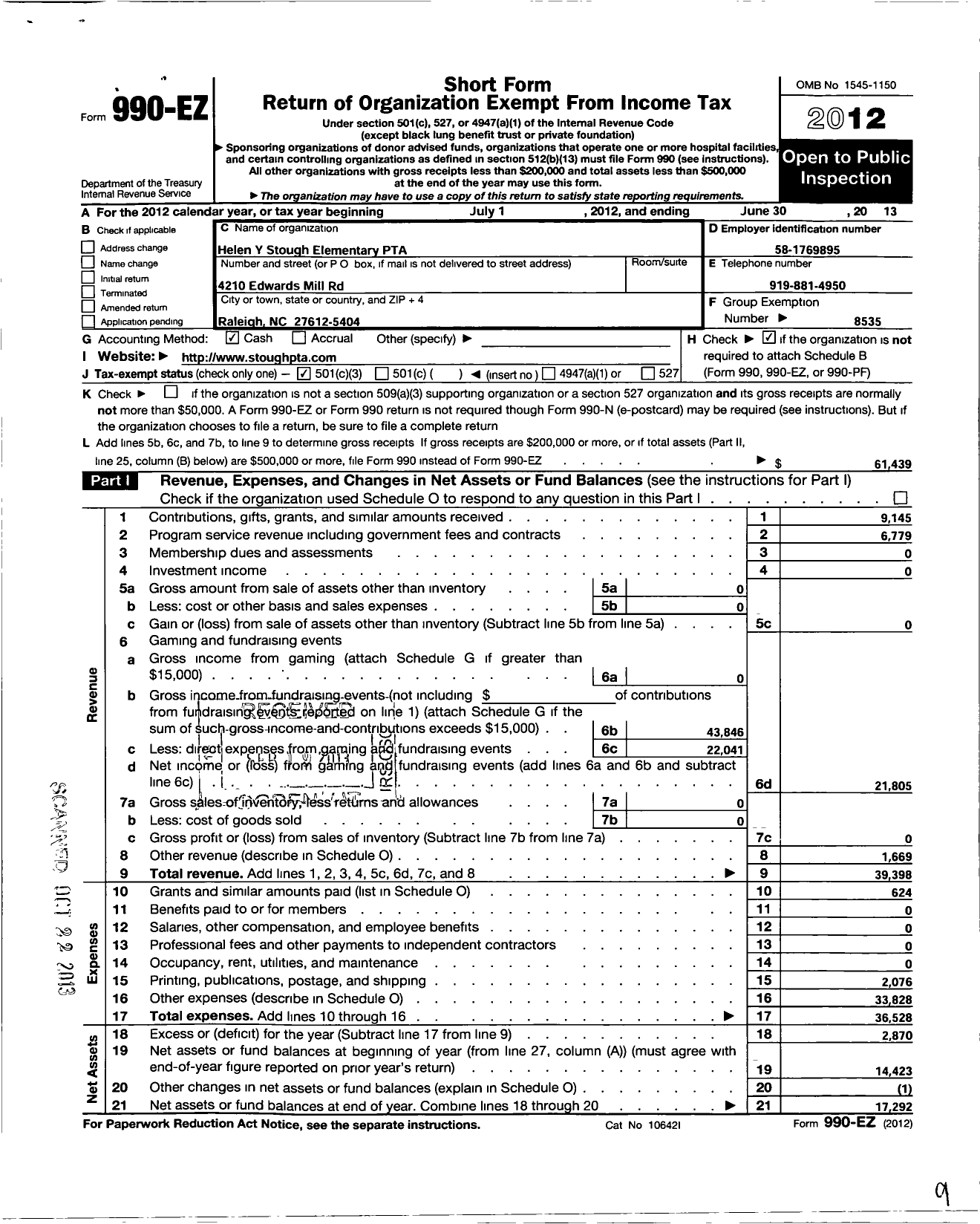 Image of first page of 2012 Form 990EZ for North Carolina PTA - Helen Stough School PTA