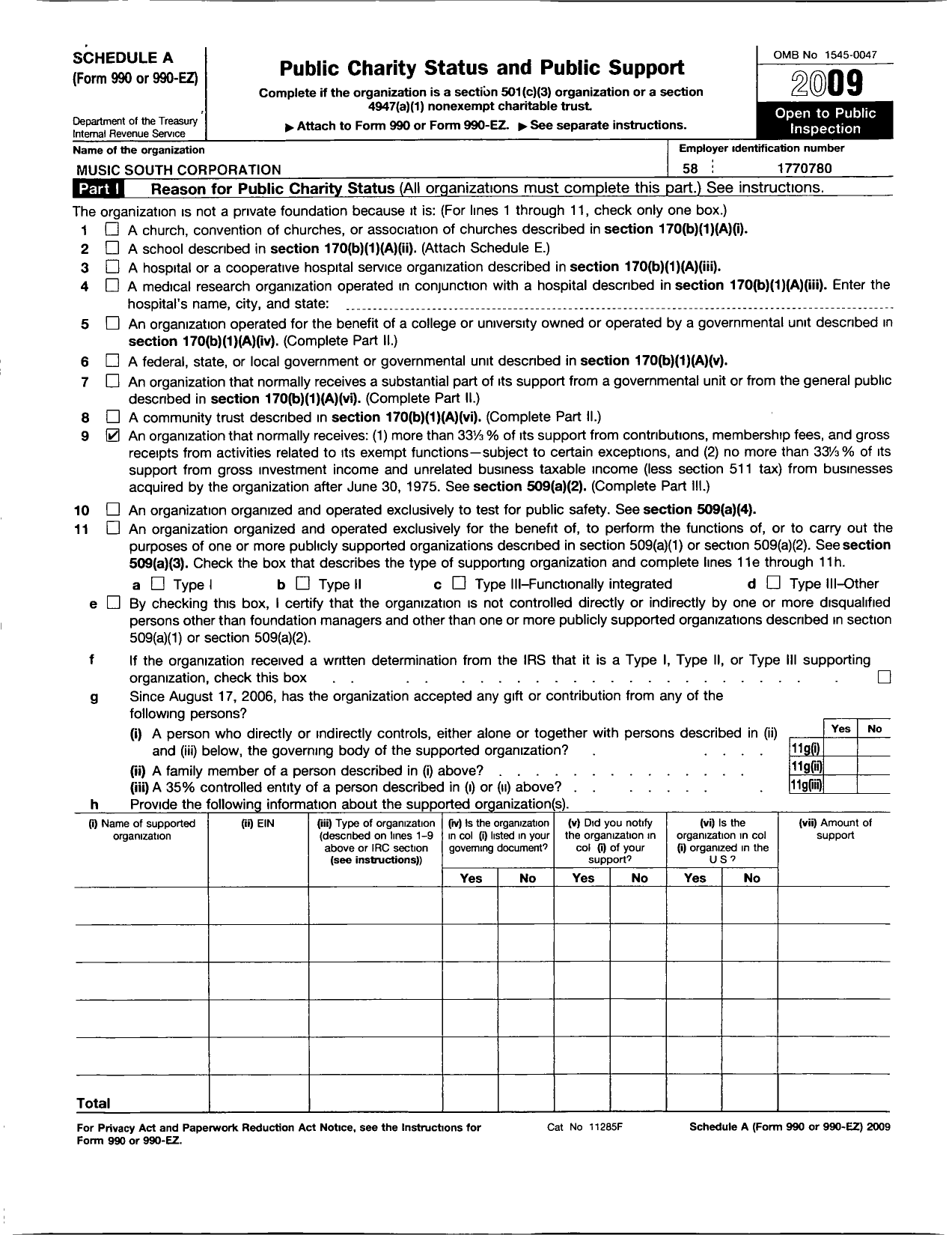 Image of first page of 2009 Form 990ER for Music South Corporation (MSC)