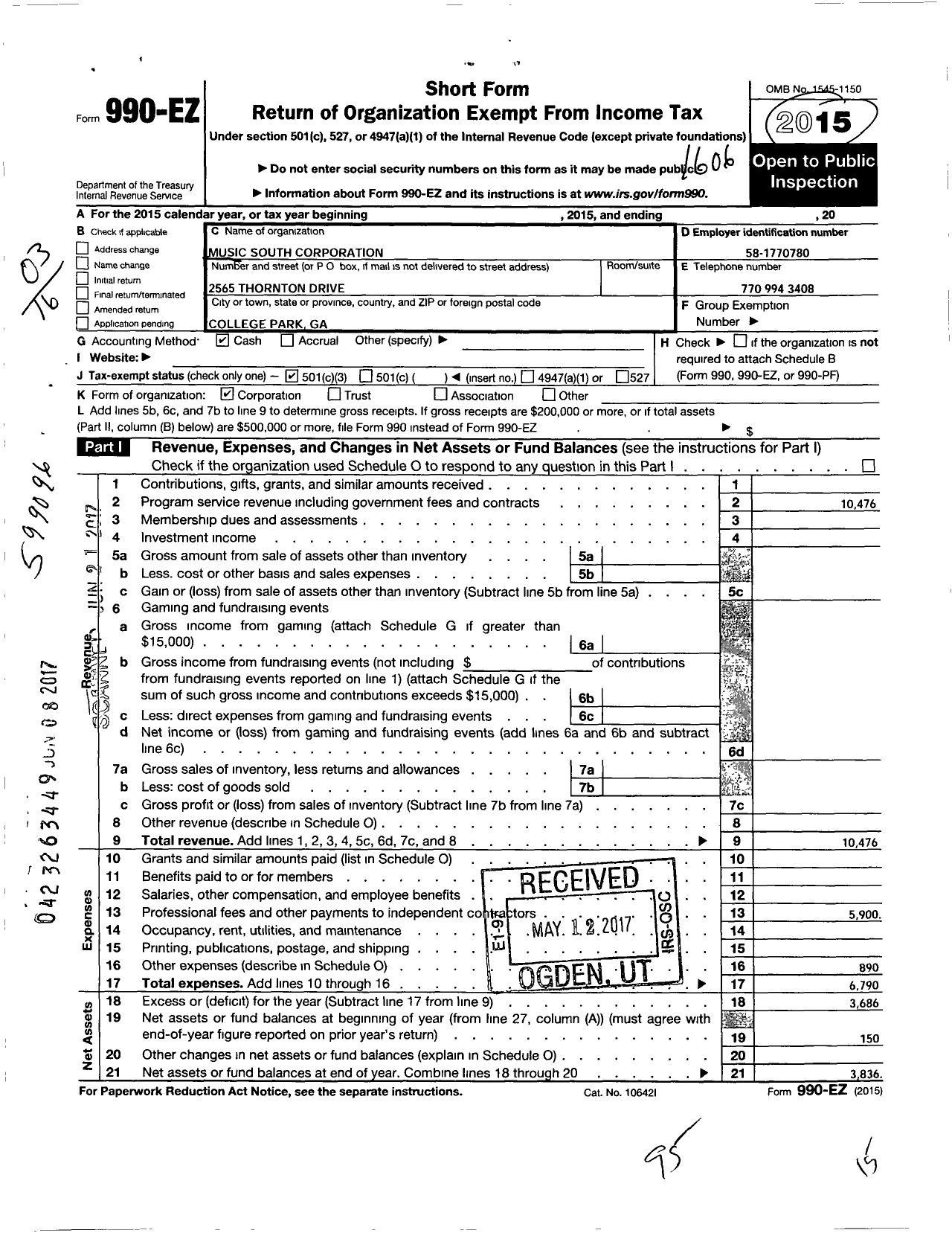 Image of first page of 2015 Form 990EZ for Music South Corporation (MSC)