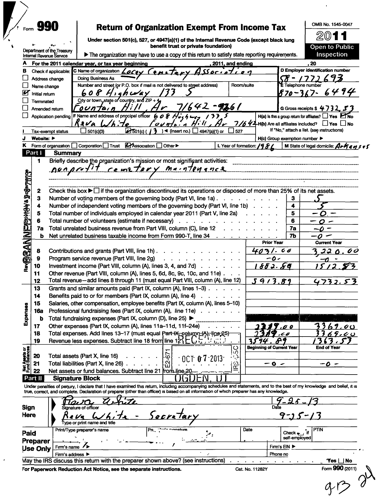 Image of first page of 2011 Form 990O for Lacey Cemetery Association