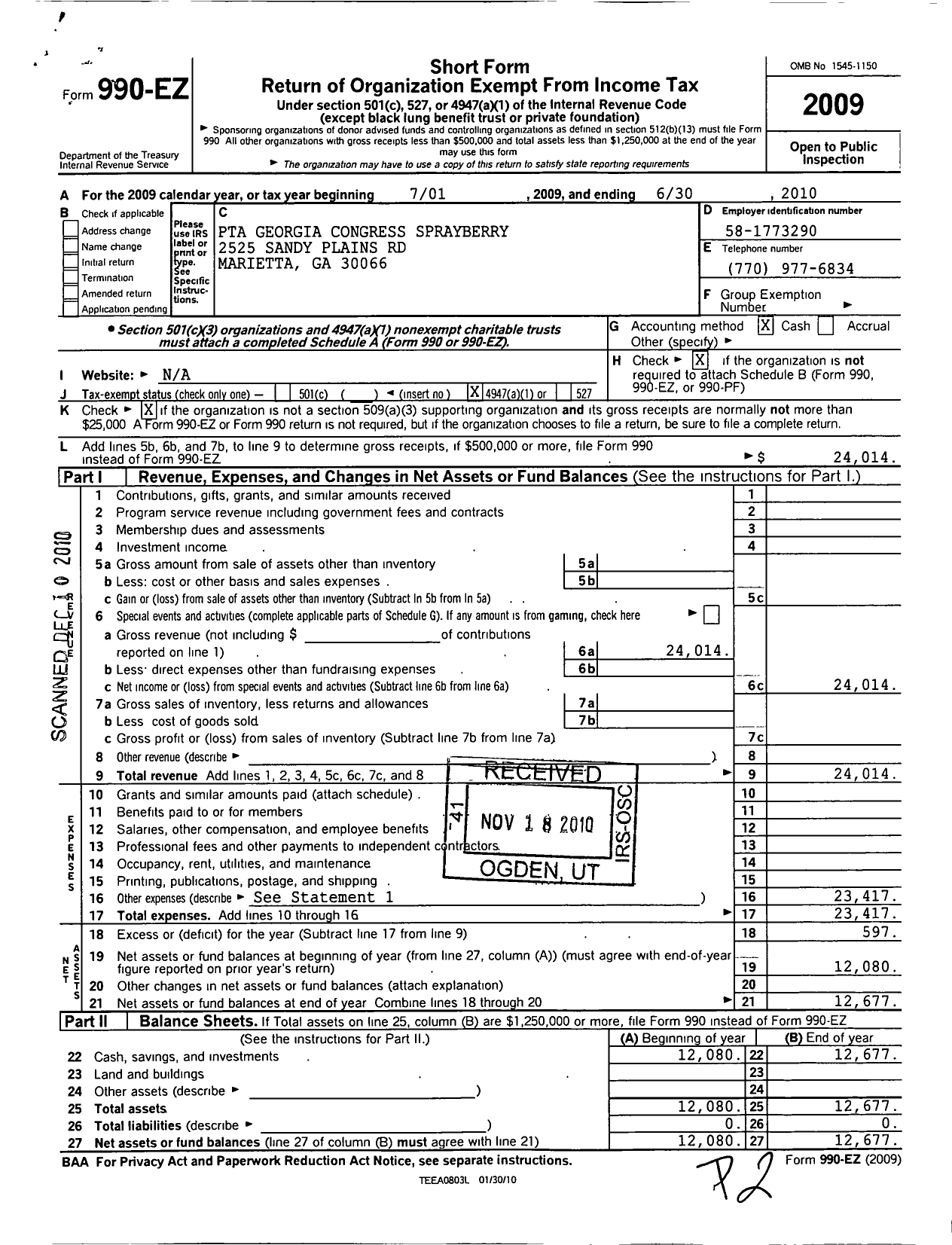 Image of first page of 2009 Form 990EO for Georgia PTA - Sprayberry HS PTSA