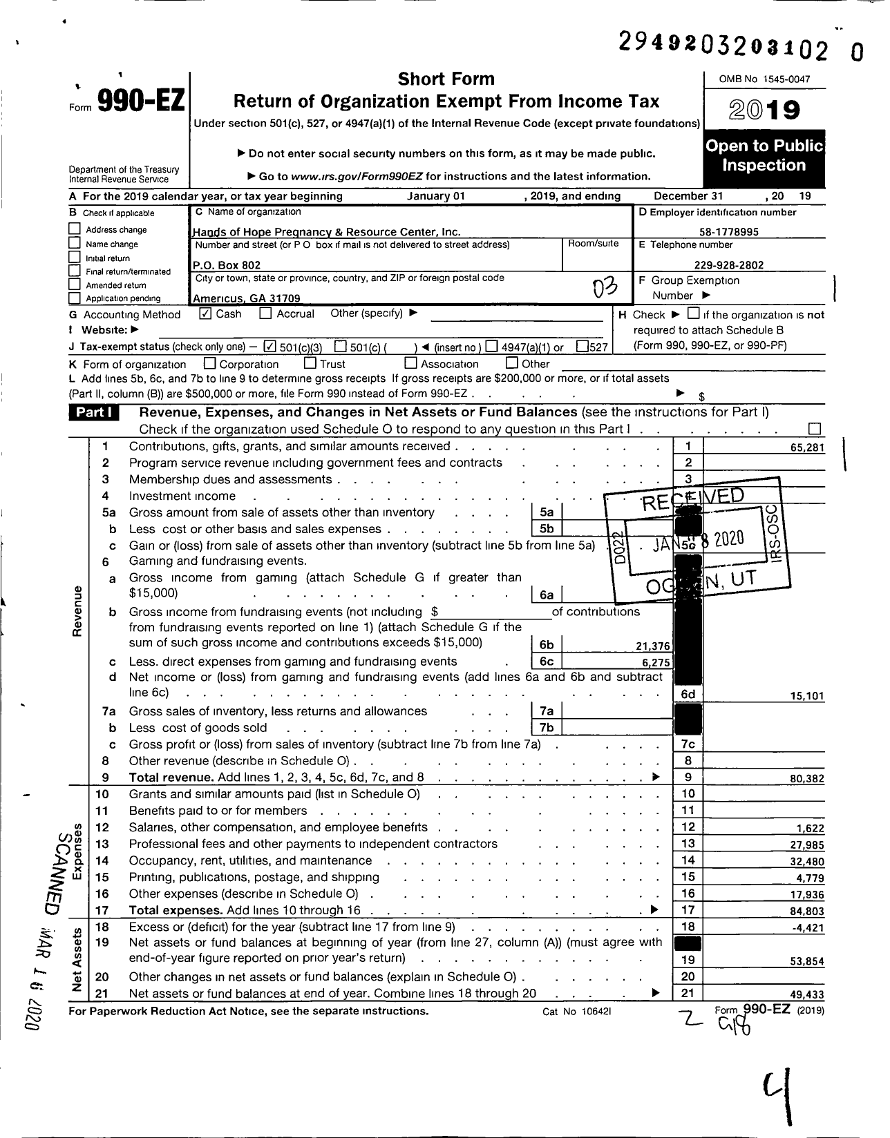 Image of first page of 2019 Form 990EZ for Hands of Hope Pregnancy and Resource Center