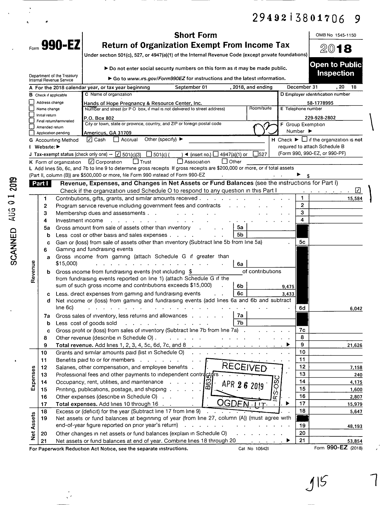 Image of first page of 2018 Form 990EZ for Hands of Hope Pregnancy and Resource Center