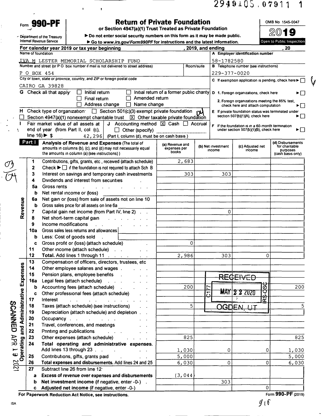 Image of first page of 2019 Form 990PF for Iva M Lester Memorial Scholarship Fund