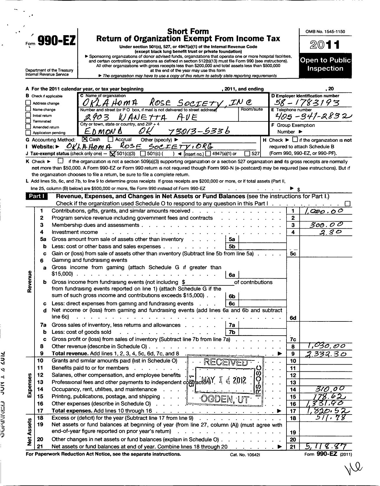 Image of first page of 2011 Form 990EZ for American Rose Society / Oklahoma Rose Society