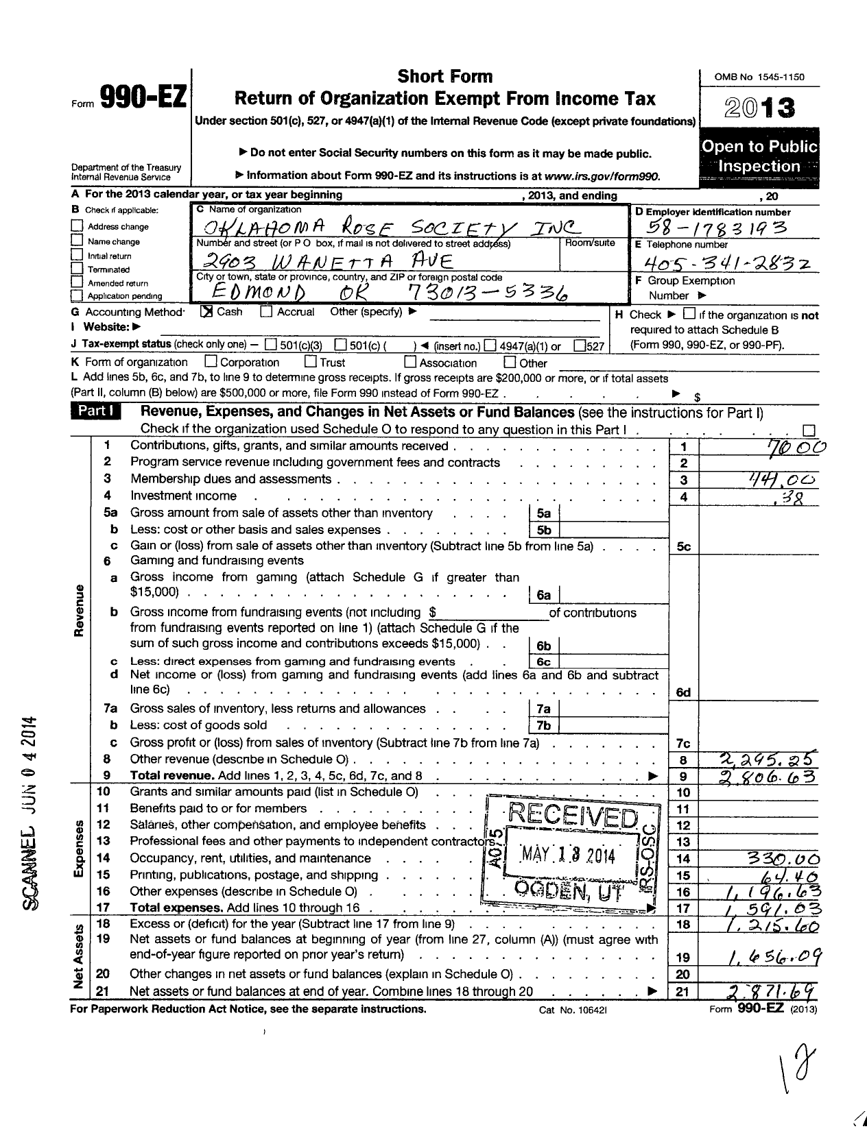 Image of first page of 2013 Form 990EO for American Rose Society / Oklahoma Rose Society