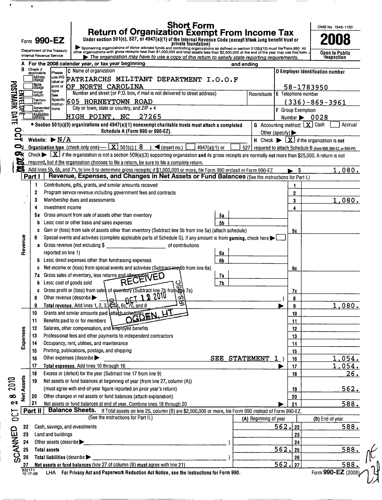 Image of first page of 2008 Form 990EO for Independent Order of Odd Fellows - North Carolina Dept Council PM