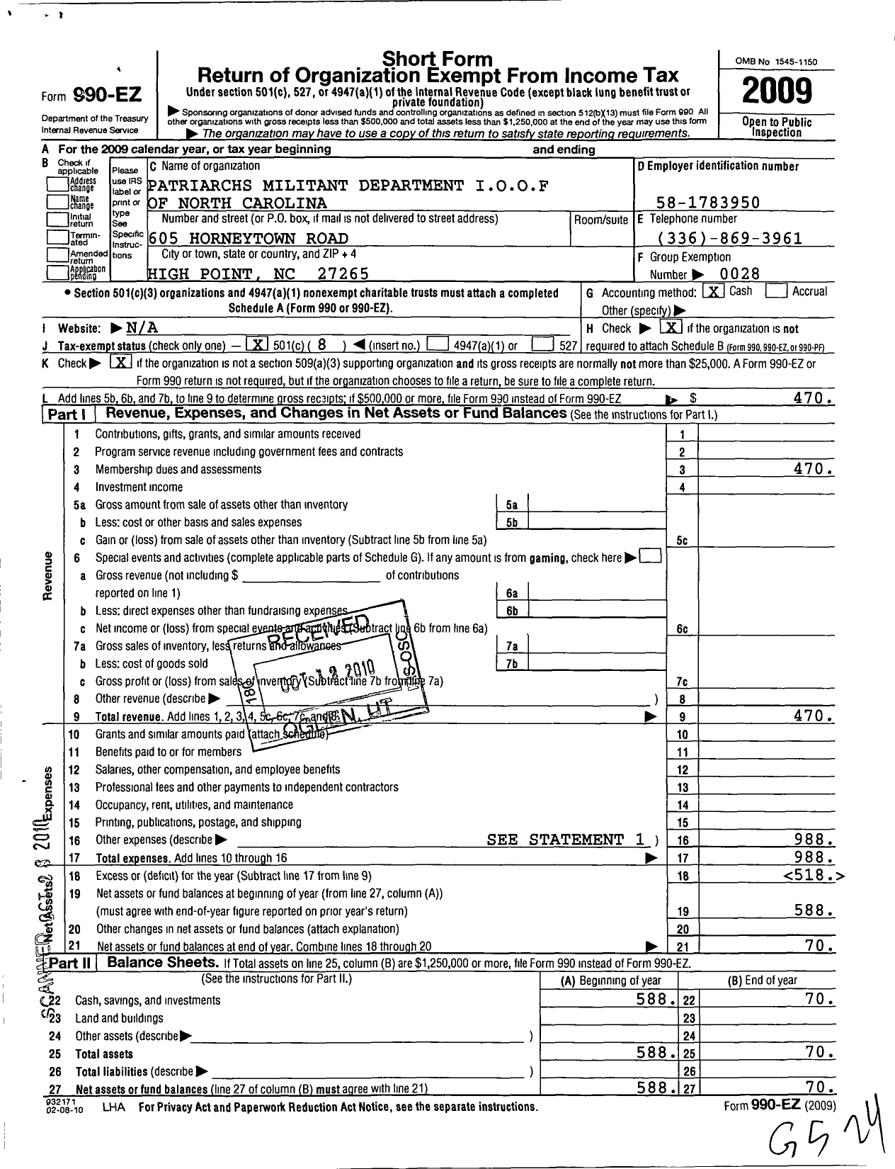 Image of first page of 2009 Form 990EO for Independent Order of Odd Fellows - North Carolina Dept Council PM