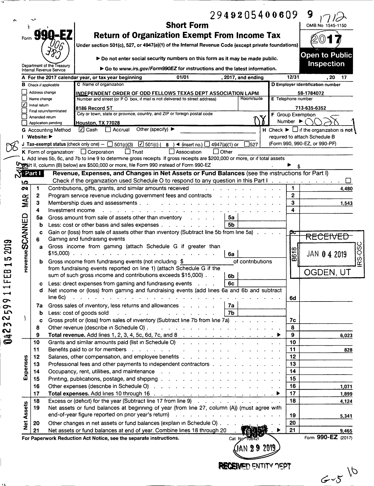 Image of first page of 2017 Form 990EO for Independent Order of Odd Fellows - Texas Dept Association Lapm