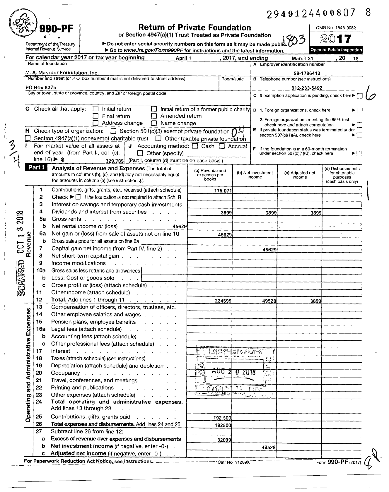 Image of first page of 2017 Form 990PF for M A Masroor Foundation
