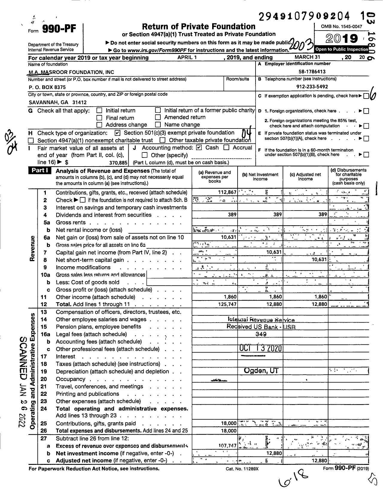 Image of first page of 2019 Form 990PF for M A Masroor Foundation