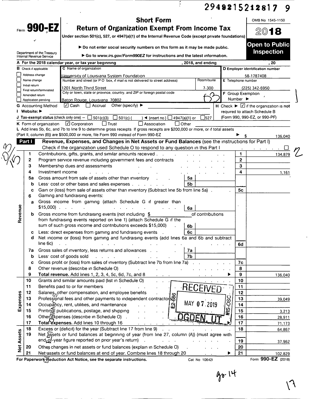 Image of first page of 2018 Form 990EZ for University of Louisiana System Foundation