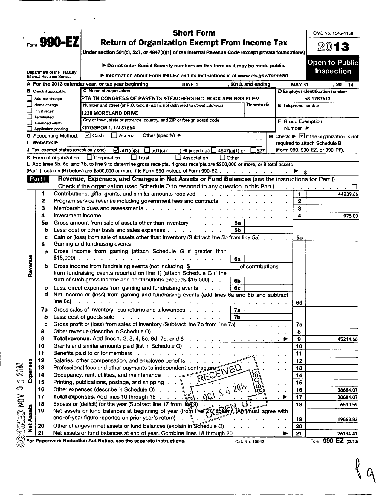 Image of first page of 2013 Form 990EZ for PTA Tennessee Congress of Parents and Teachers / Rock Springs PTA