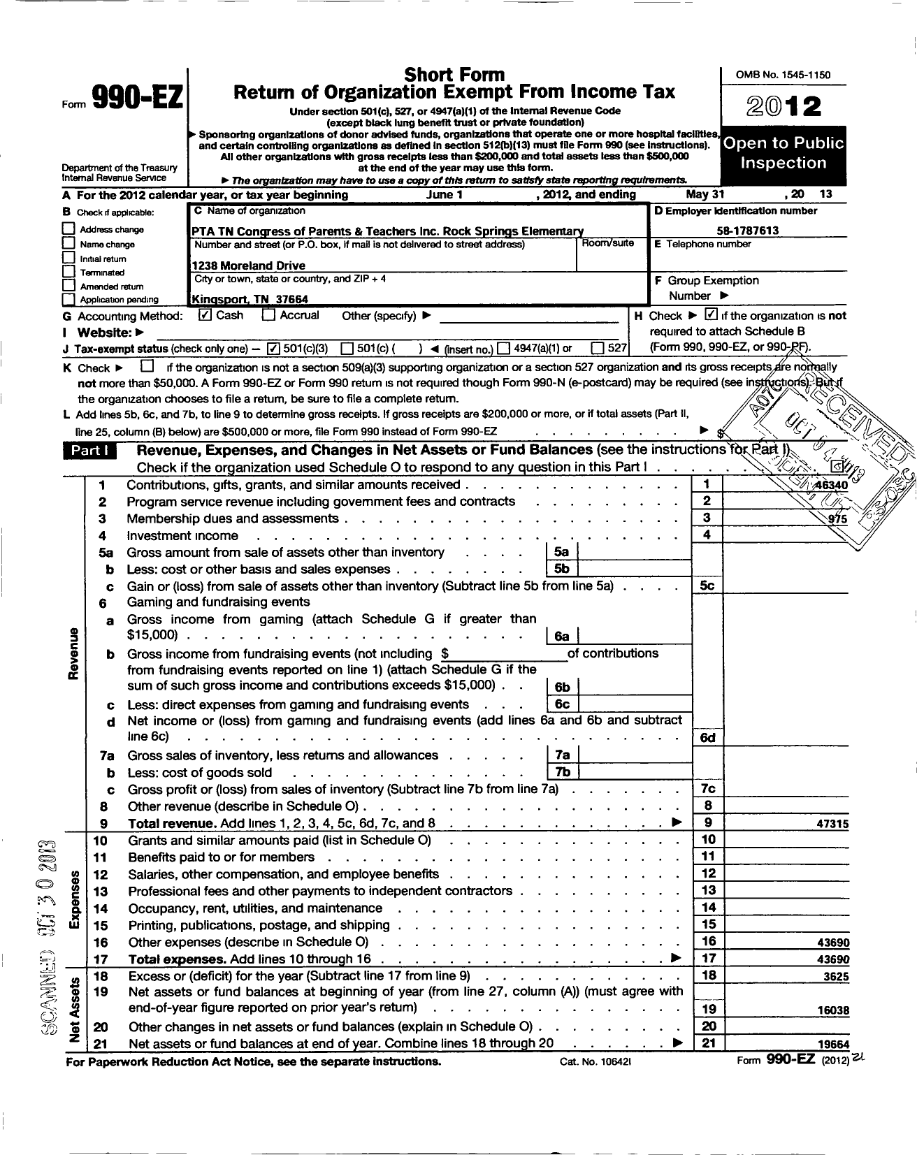 Image of first page of 2012 Form 990EZ for PTA Tennessee Congress of Parents and Teachers / Rock Springs PTA