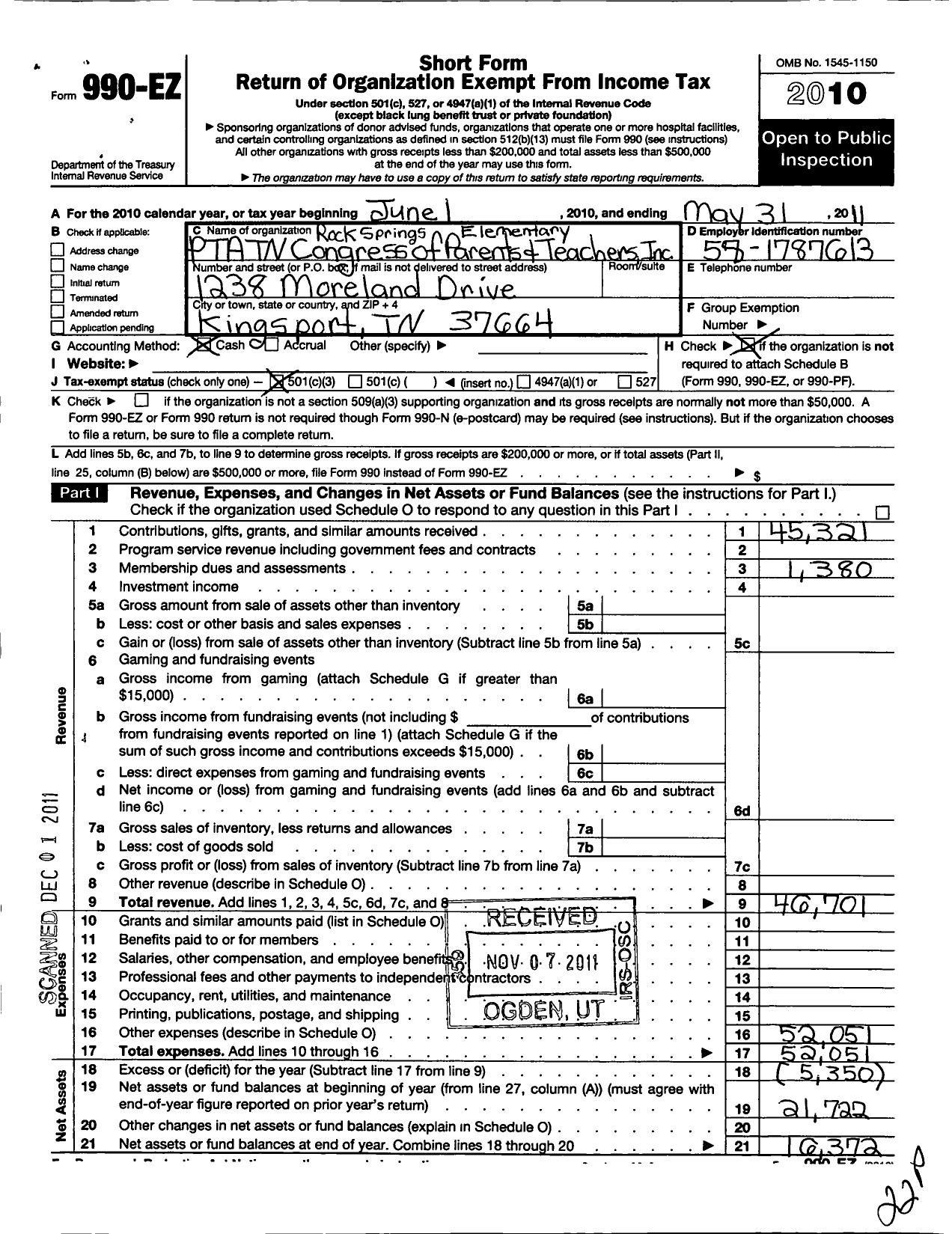 Image of first page of 2010 Form 990EZ for PTA Tennessee Congress of Parents and Teachers / Rock Springs PTA