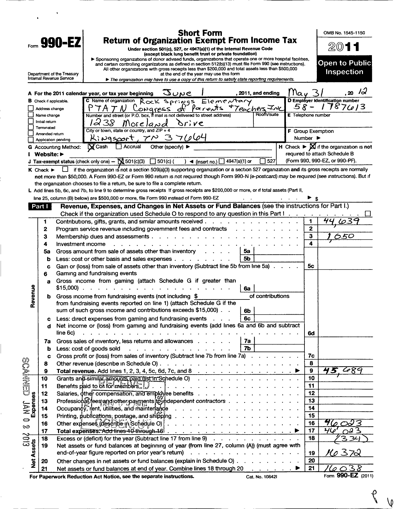 Image of first page of 2011 Form 990EZ for PTA Tennessee Congress of Parents and Teachers / Rock Springs PTA