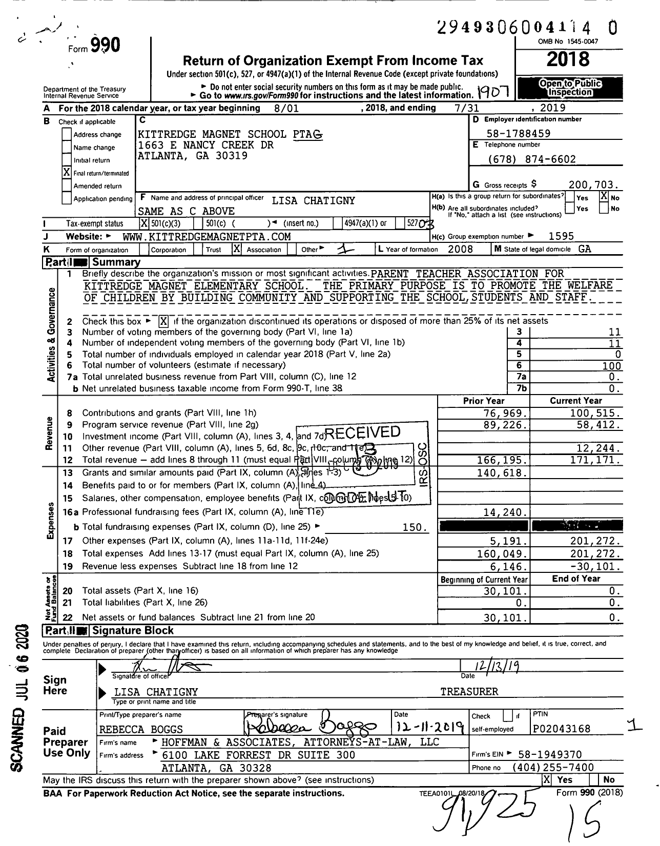 Image of first page of 2018 Form 990 for Georgia PTA - Kittredge Magnet Es PTA