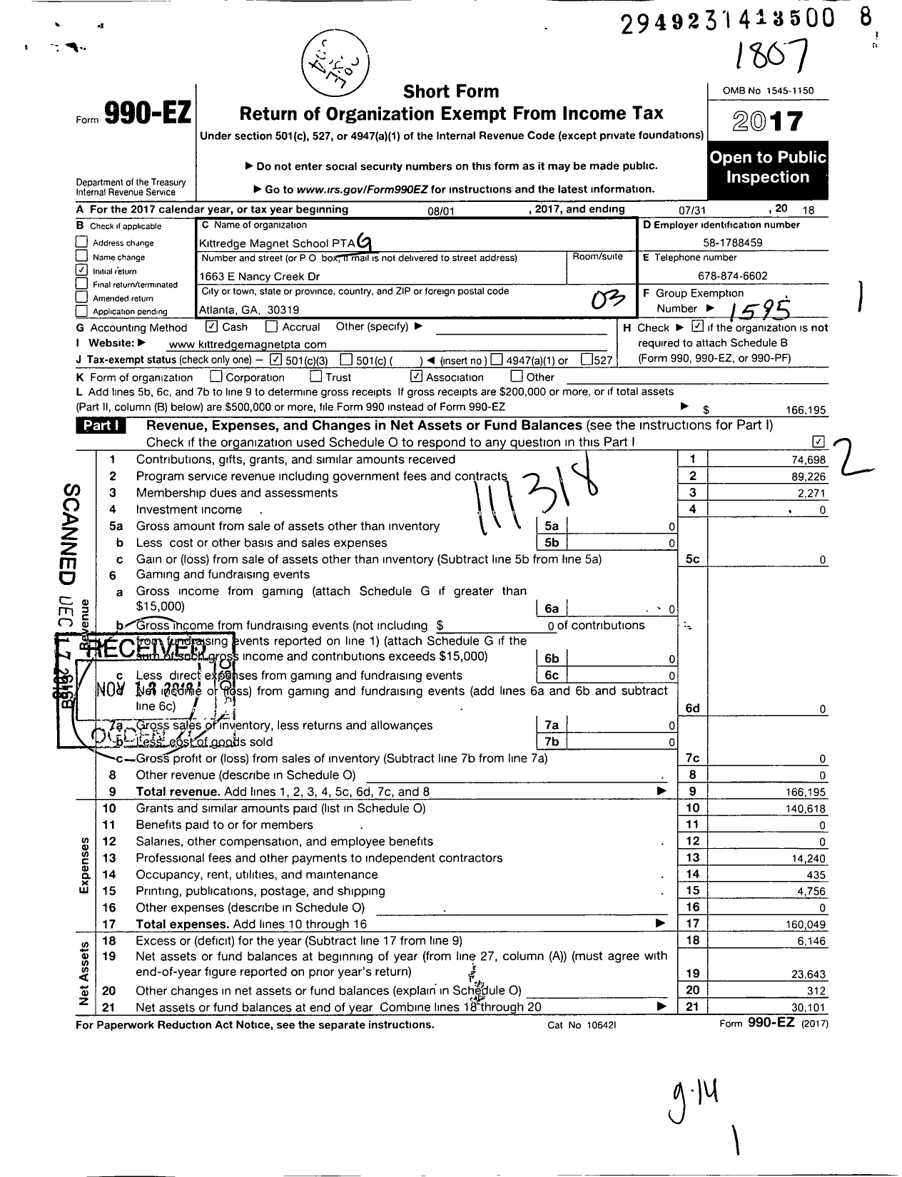 Image of first page of 2017 Form 990 for Georgia PTA - Kittredge Magnet Es PTA