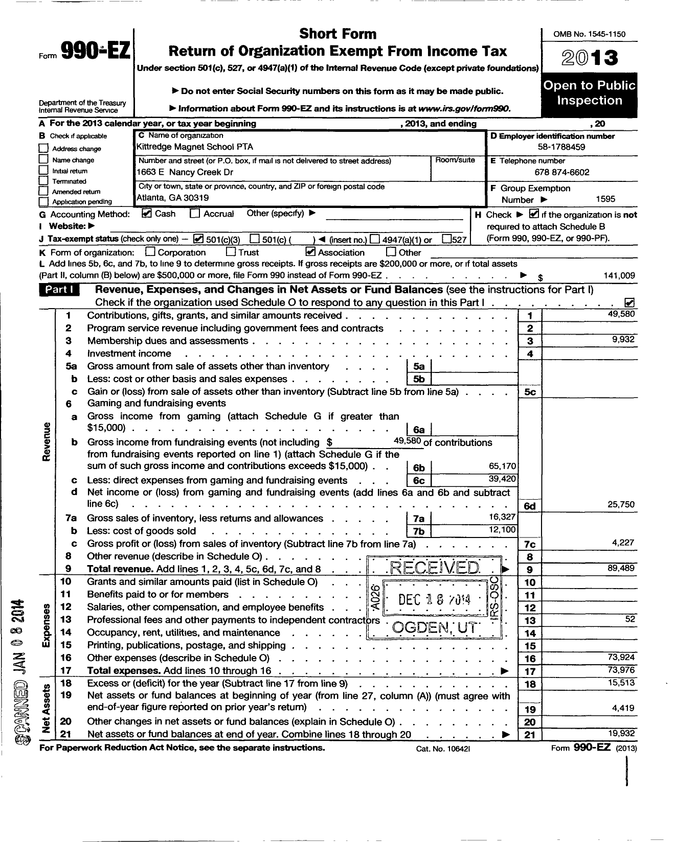 Image of first page of 2013 Form 990EZ for Georgia PTA - Kittredge Magnet Es PTA