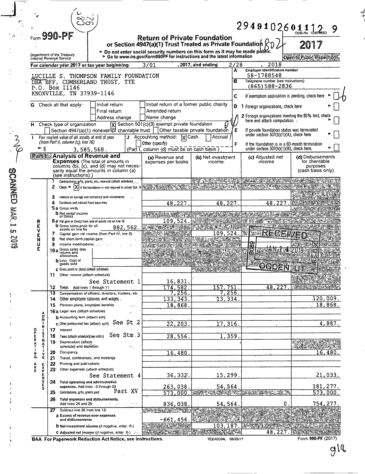 Image of first page of 2017 Form 990PF for BFF Cumberland Trust Tte