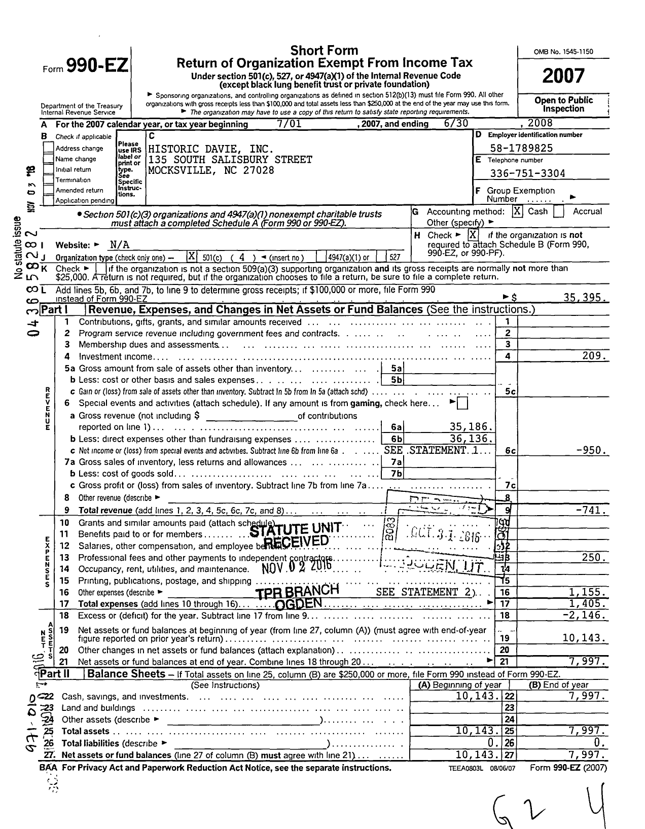 Image of first page of 2007 Form 990EO for Historic Davie