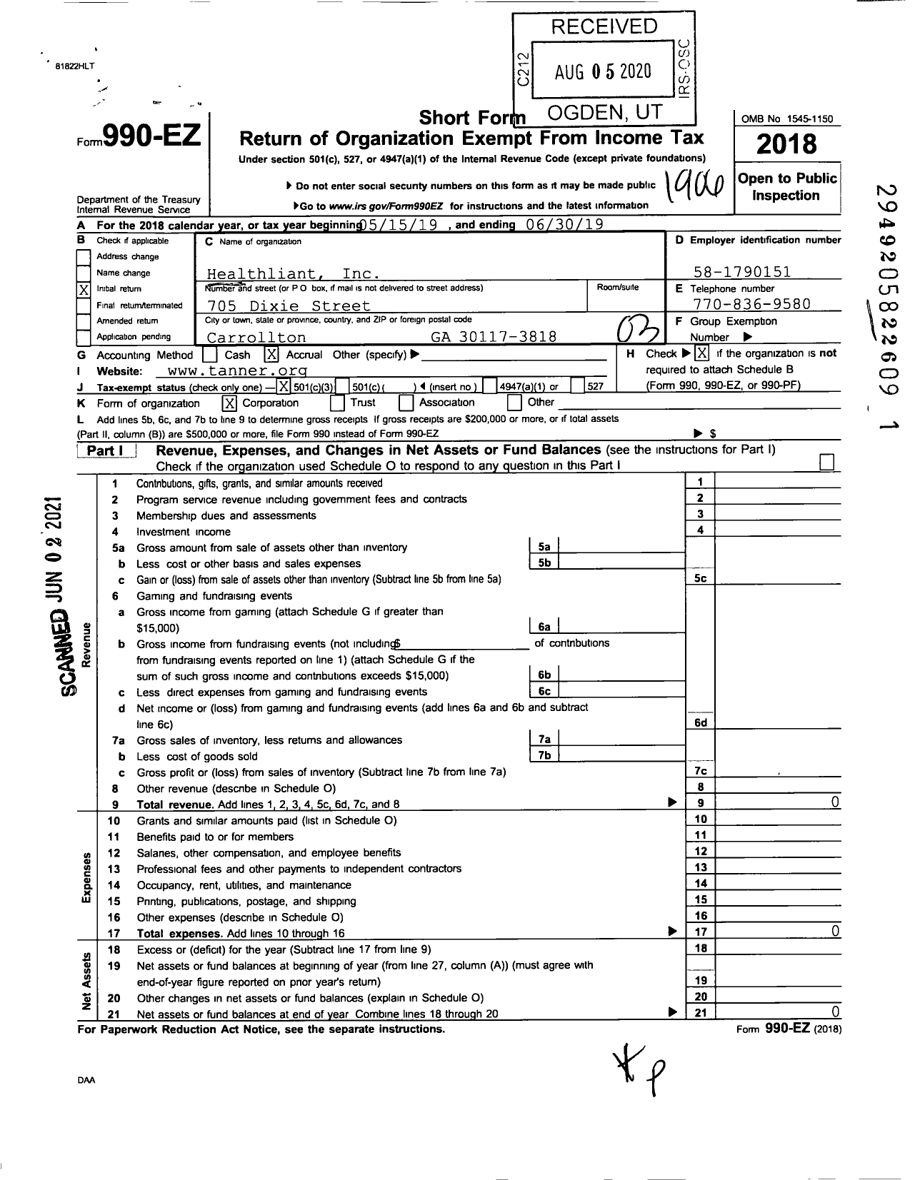 Image of first page of 2018 Form 990EZ for Tanner Health Services