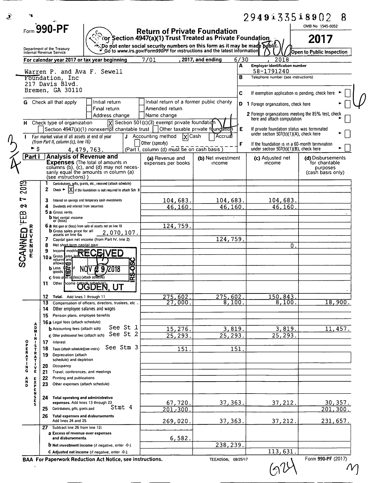 Image of first page of 2017 Form 990PF for Warren P and Ava F Sewell Foundation