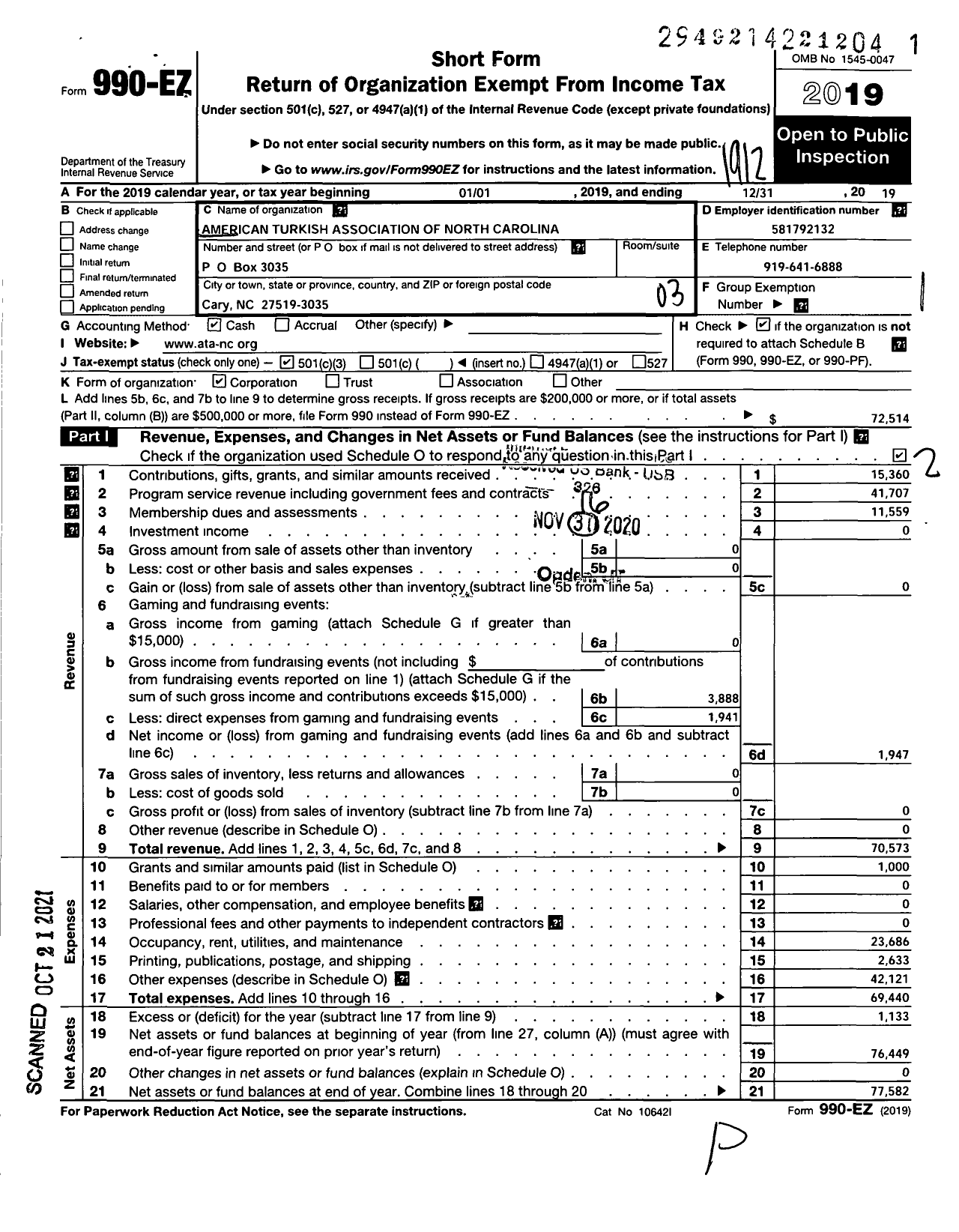 Image of first page of 2019 Form 990EZ for American Turkish Association of North Carolina