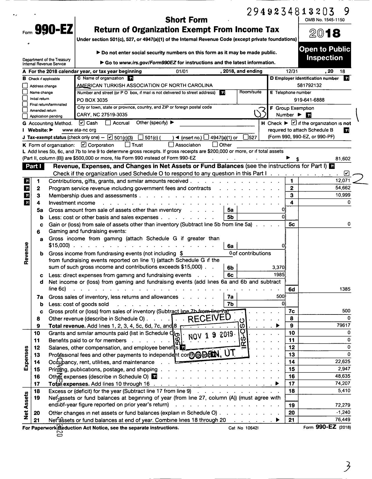 Image of first page of 2018 Form 990EZ for American Turkish Association of North Carolina