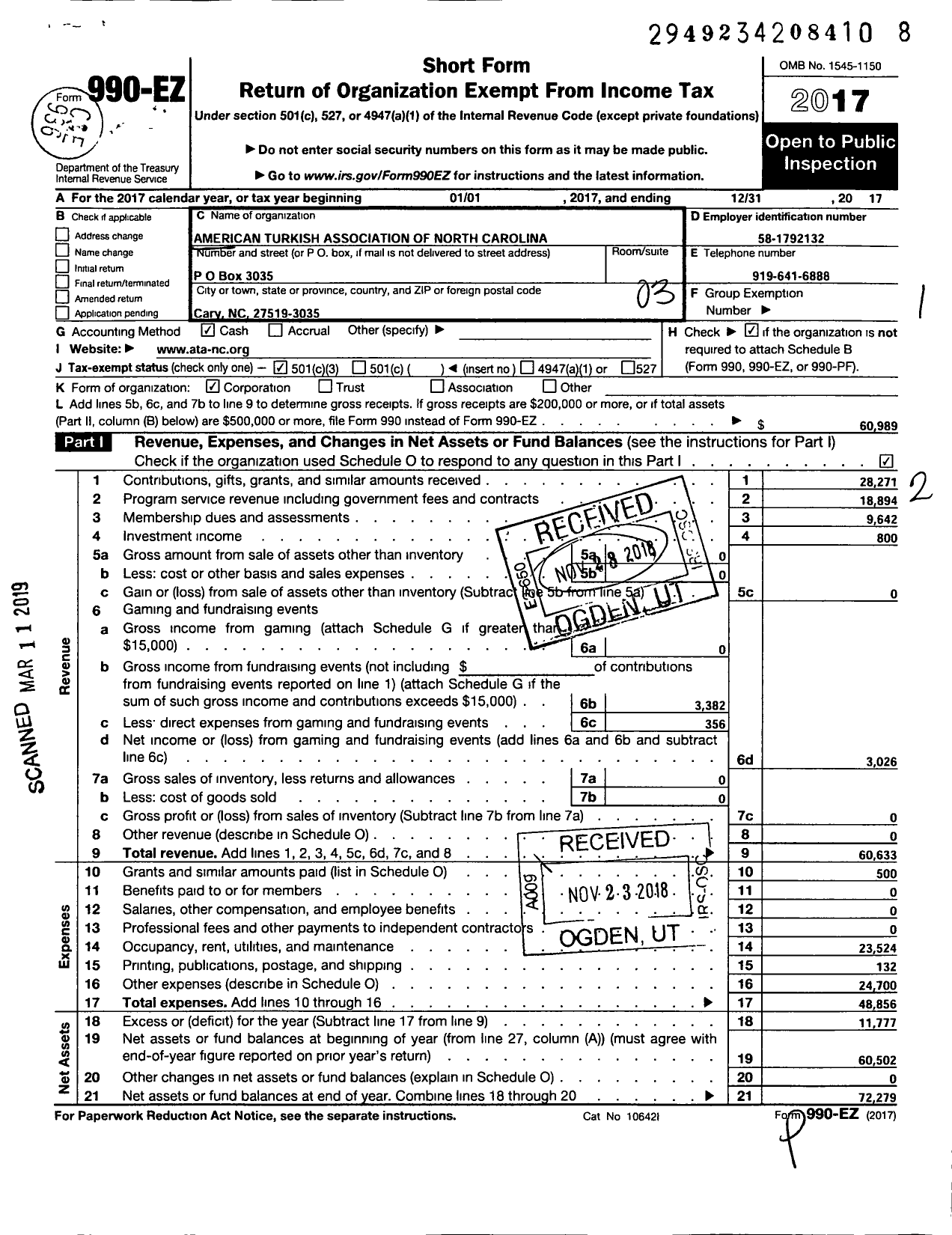 Image of first page of 2017 Form 990EZ for American Turkish Association of North Carolina