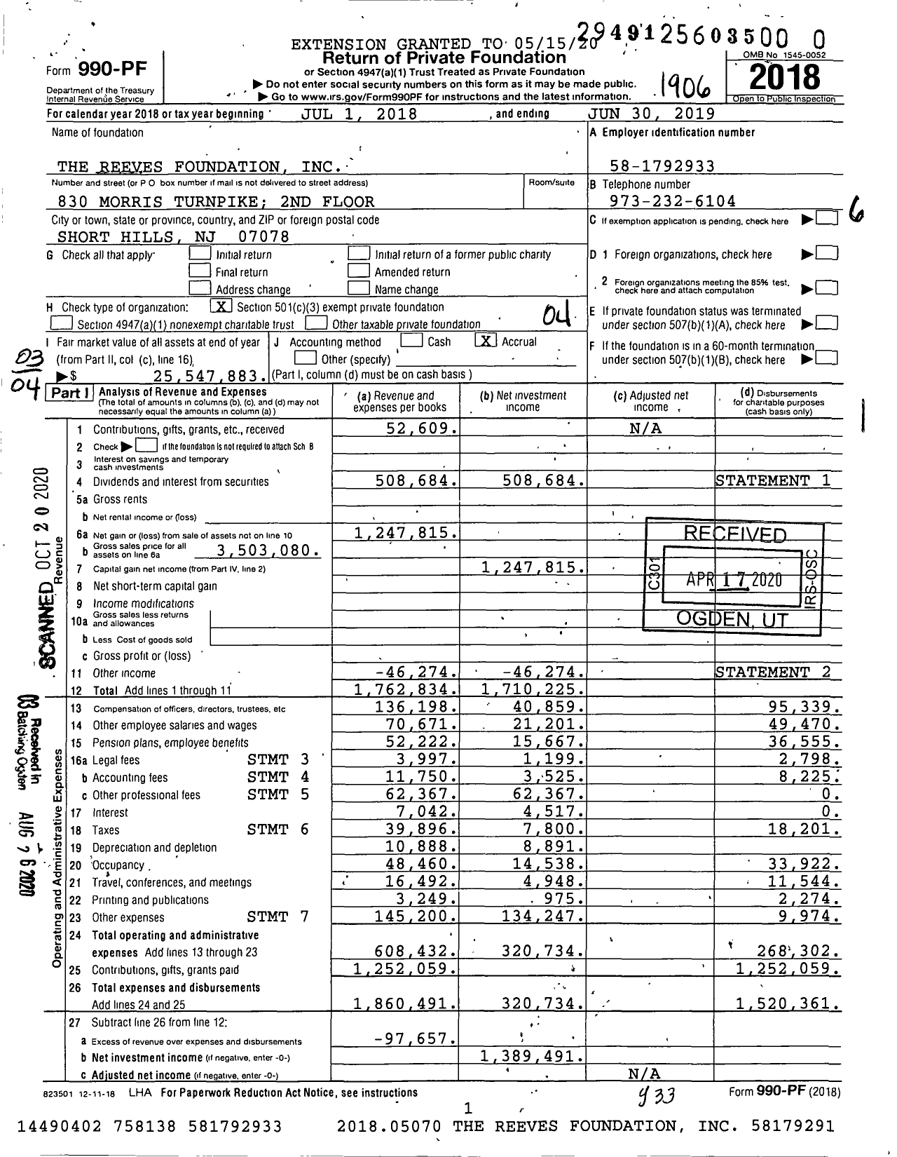 Image of first page of 2018 Form 990PR for The Reeves Foundation